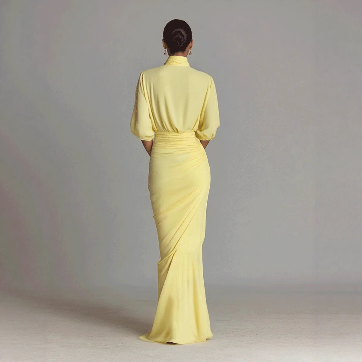 Yellow Ruched High Neck Long Dress