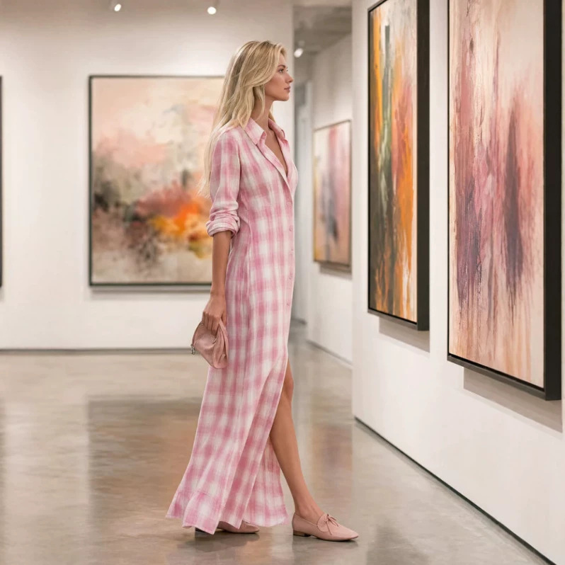 Retro Pink Plaid Long Shirt Dress