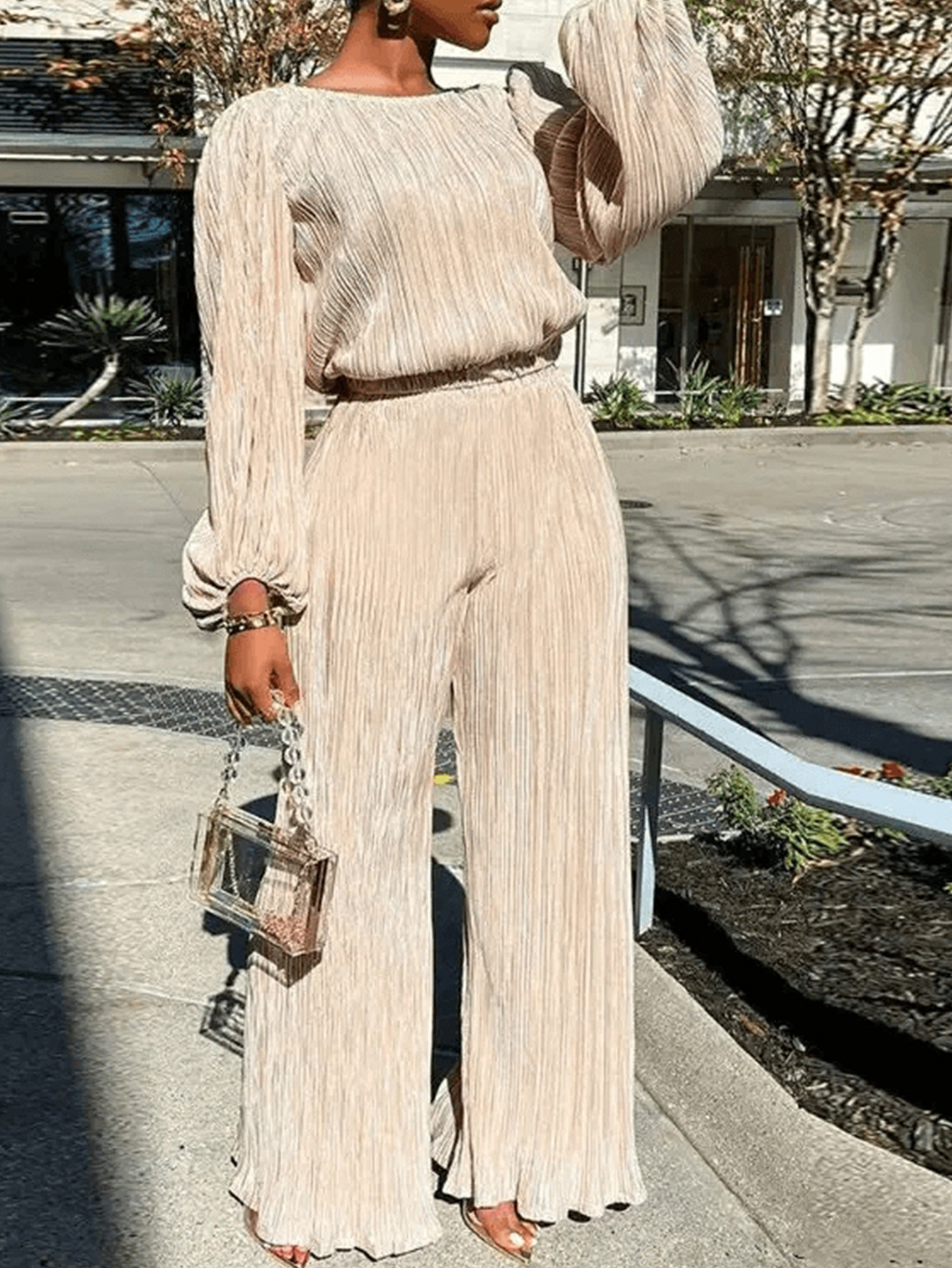 Women's Pleated Waist Straight-Leg Pants and Long-Sleeve Top Set
