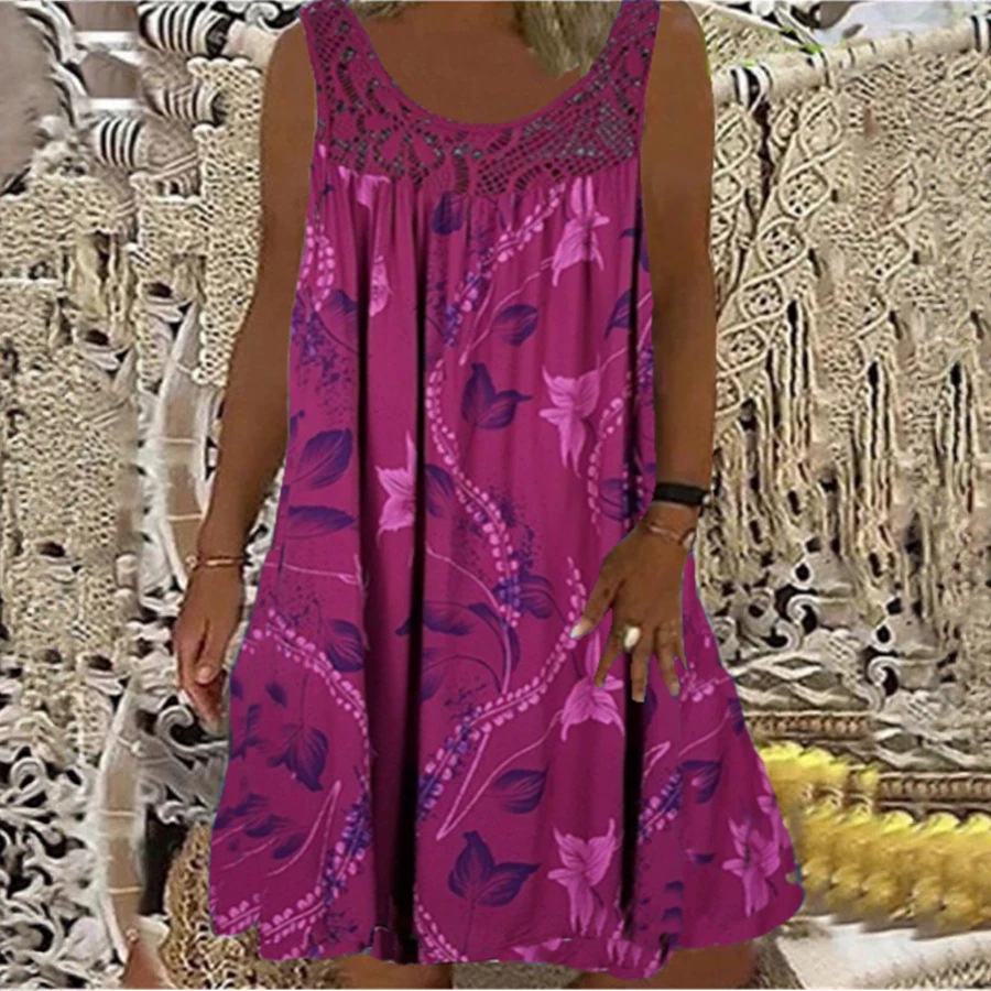 Women's Vintage Floral Butterfly Midi Dress Sleeveless Round Neck Slim Fit