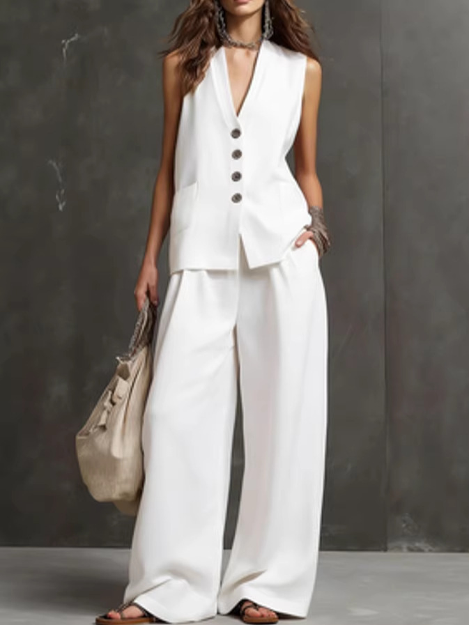 Women's Sleeveless Button Two-Piece Pant Set