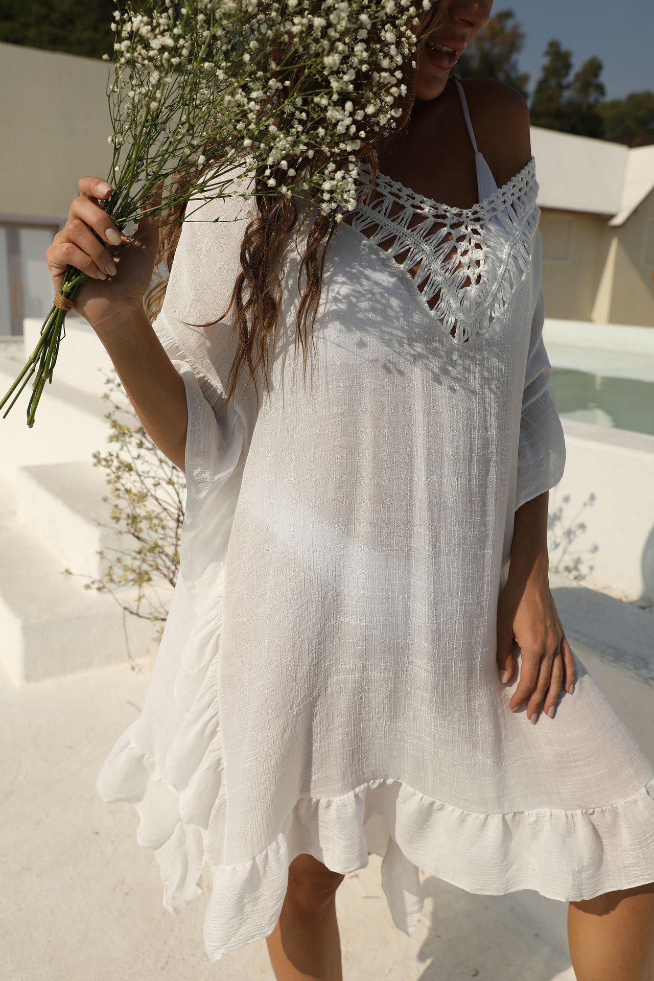 Women's Hand-Crochet Backless Tie Ruffle Beach Dress
