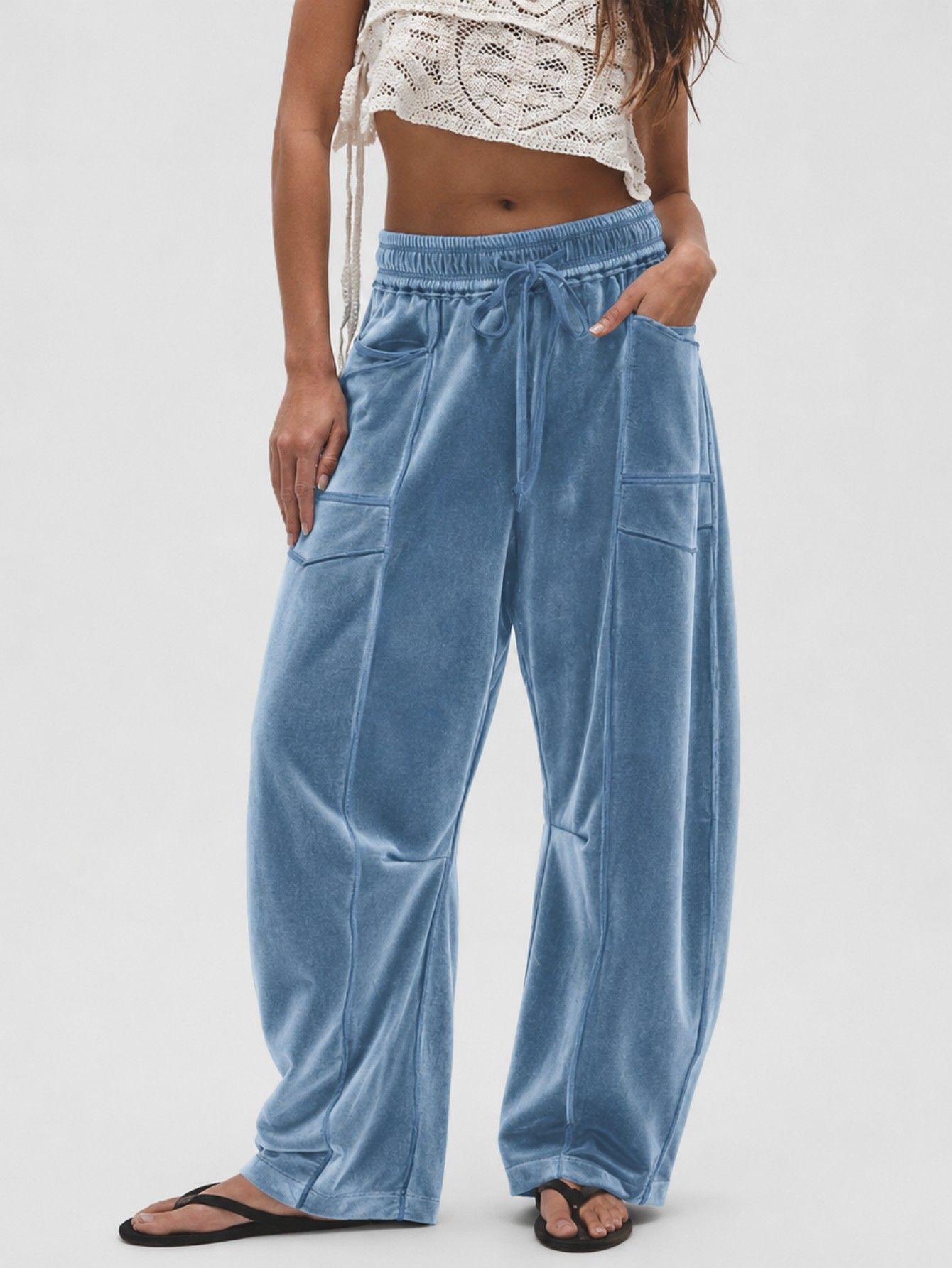 Women's Wide-Leg Velvet Pants with Drawstring Casual Loose Fit