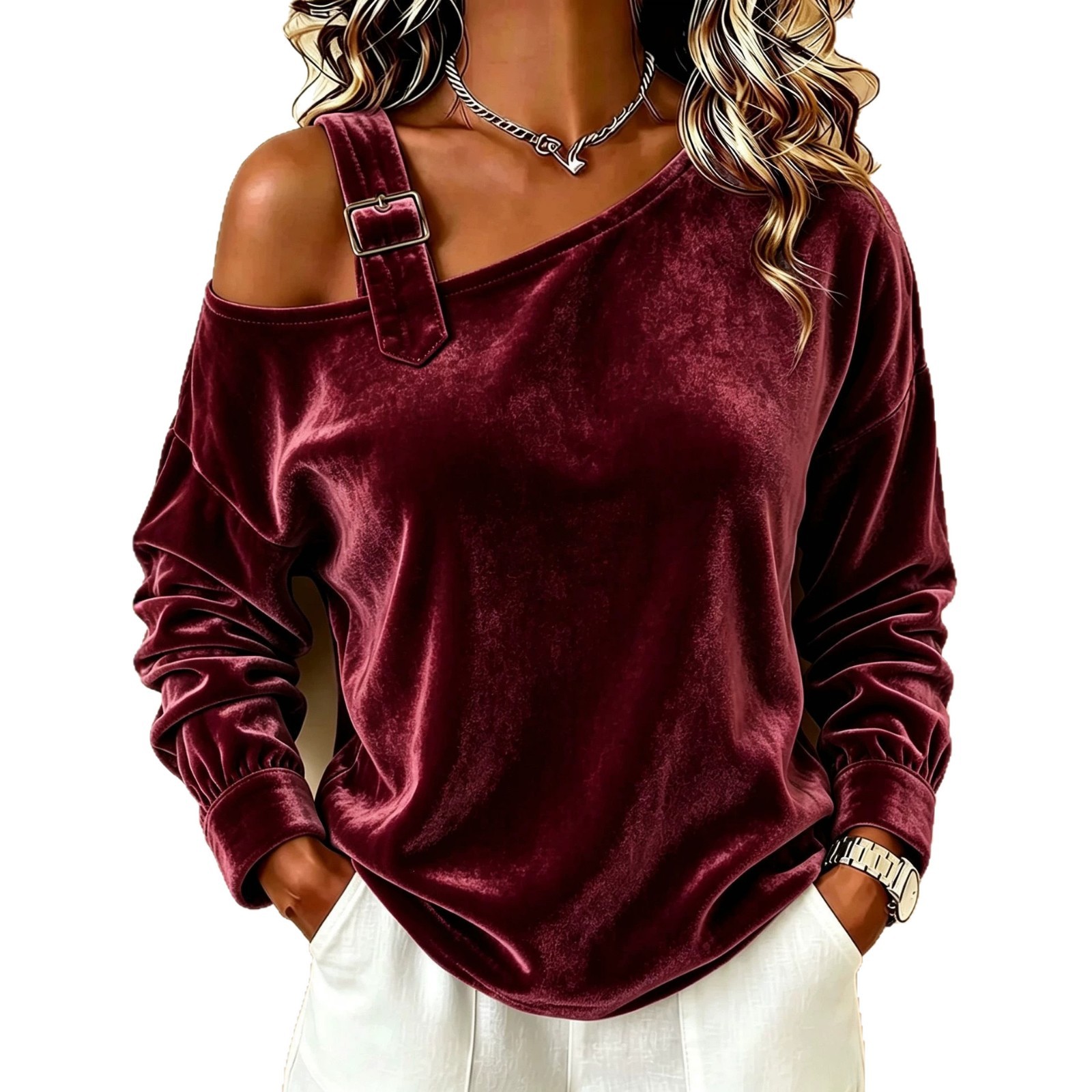 Women's Off-Shoulder Long-Sleeve Solid Color Loose Top
