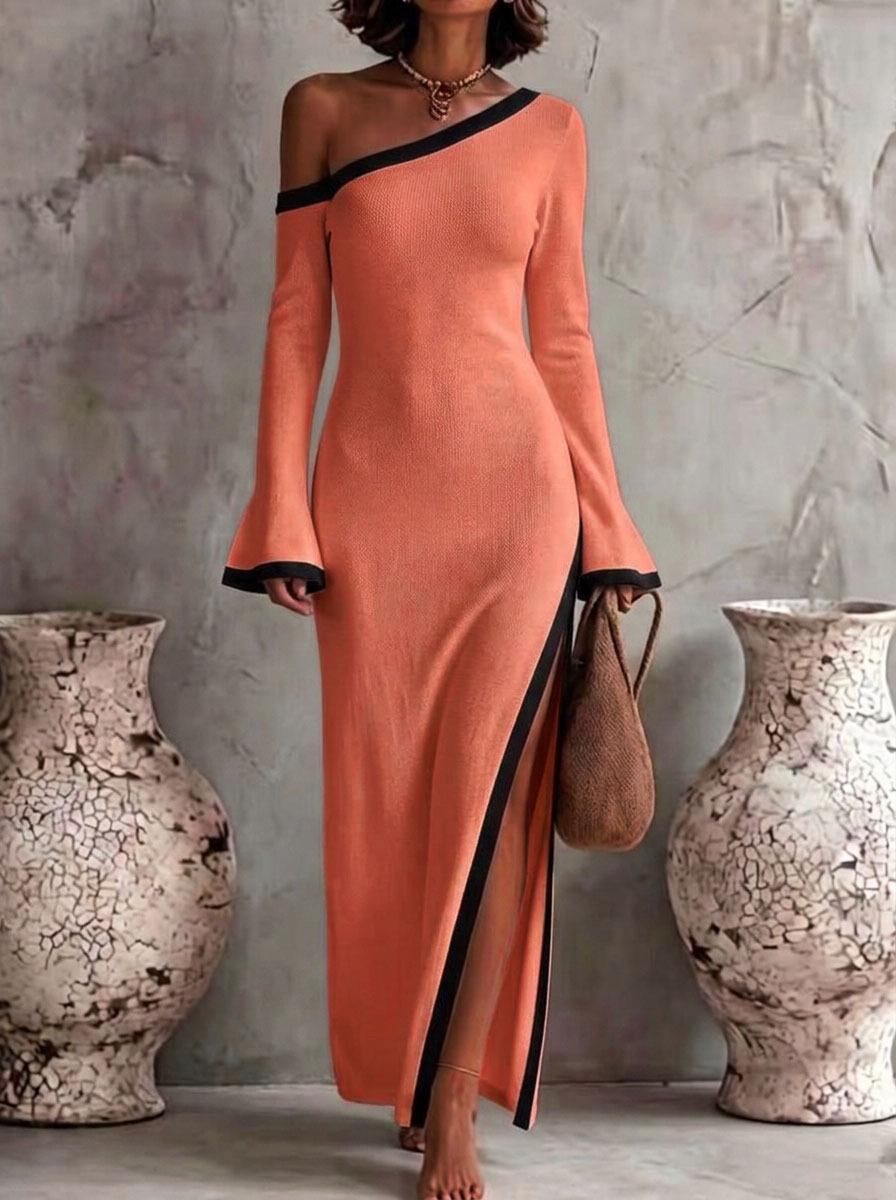 Women's Color-Block One-Shoulder Long-Sleeve Bodycon Dress