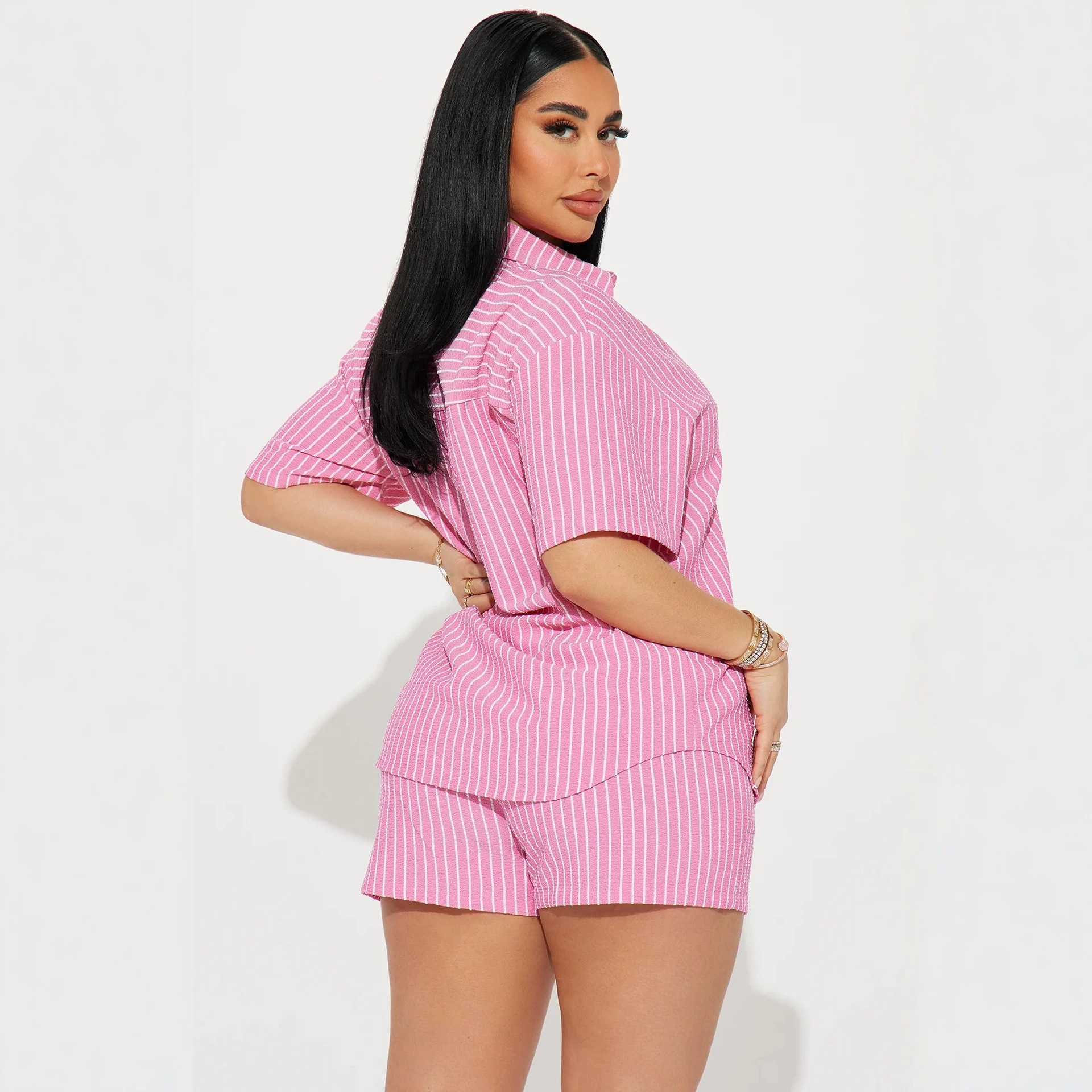 Women's Striped Short Sleeve Shirt and Elastic Waist Shorts Two-Piece Set