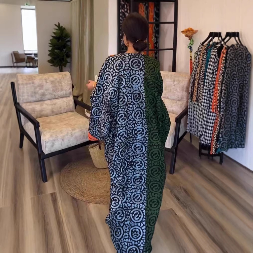Long Sleeve V-Neck Digital Print Patchwork Maxi Dress