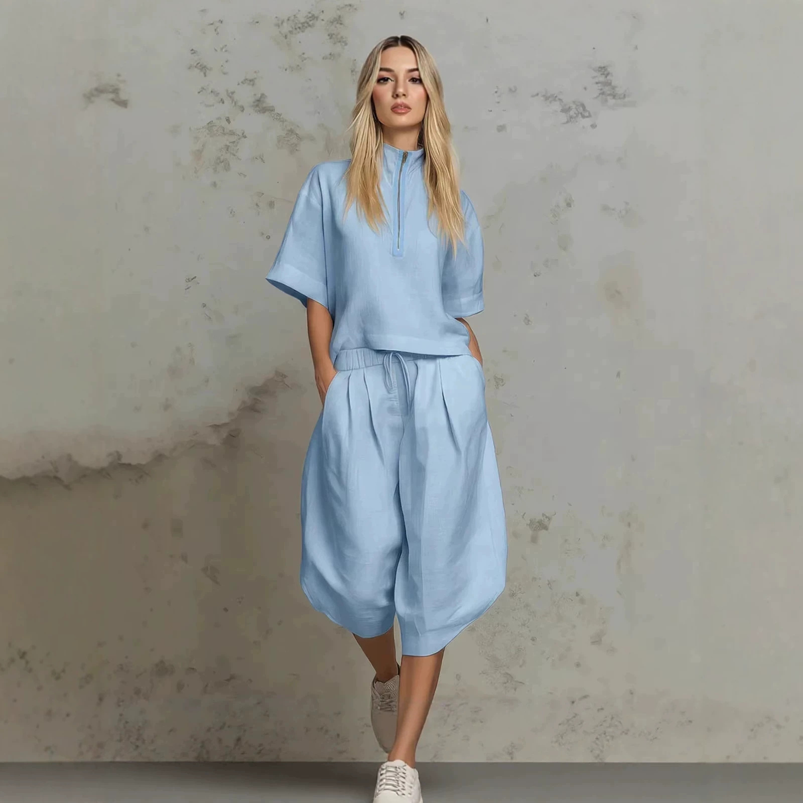 Solid Color Loose Fit Casual Two-Piece Set with Short Sleeve Top
