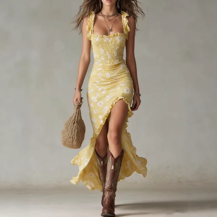 Boho Floral Cami Dress with Ruffle Trim and High Slit