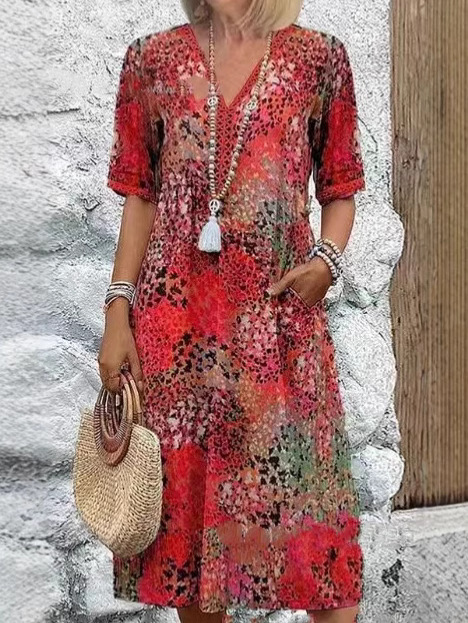 Women's Printed V-Neck Midi Dress with Pockets Casual Vacation Home Wear