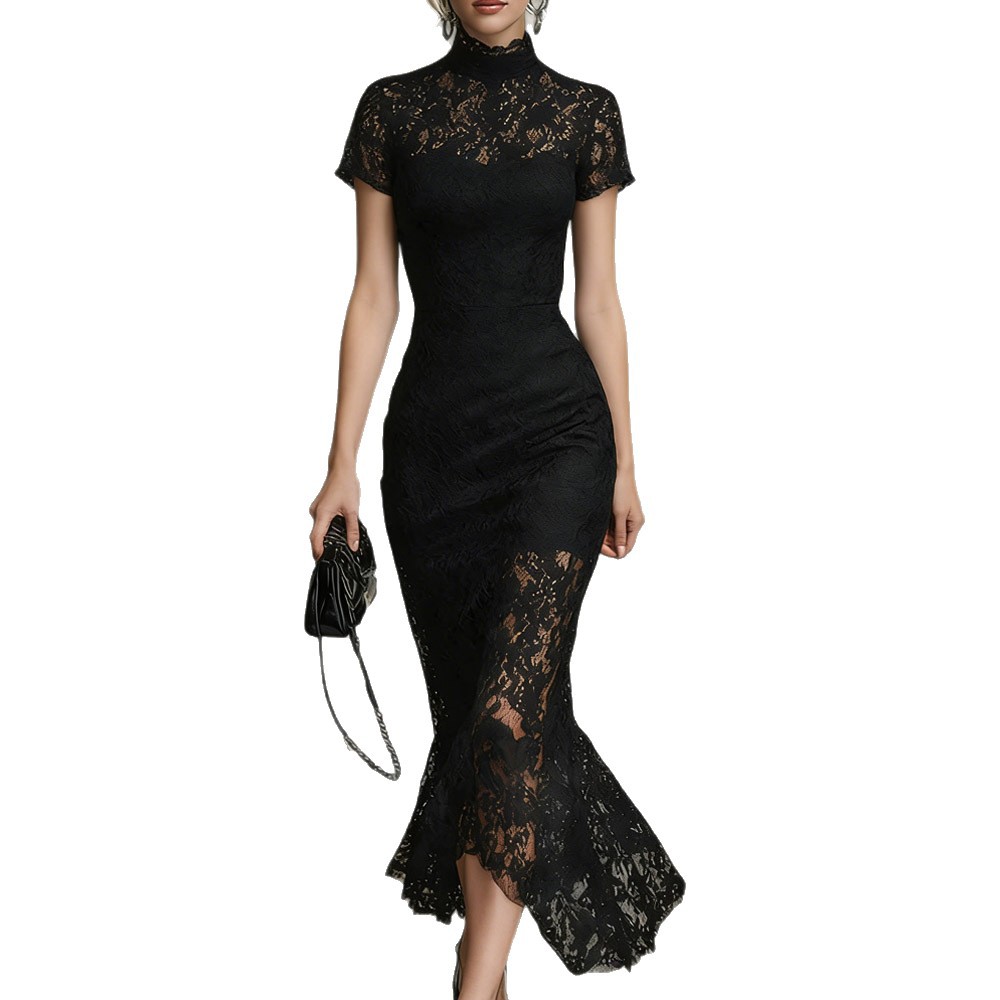 High-Waist Lace-Trim Bodycon Long Dress Short Sleeve