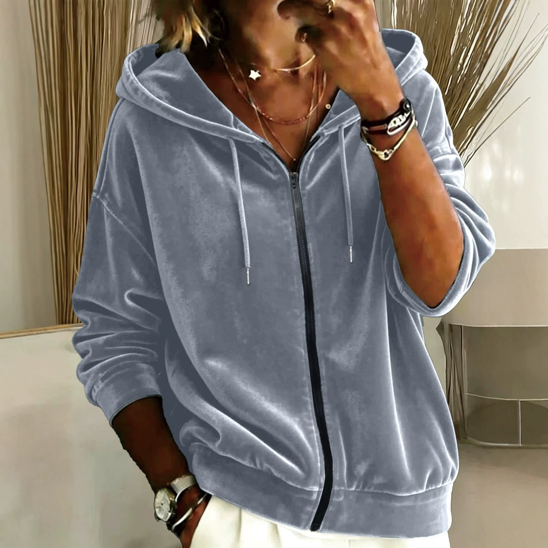 Hooded Solid Velvet Zip-Up Loose Fit Sweatshirt