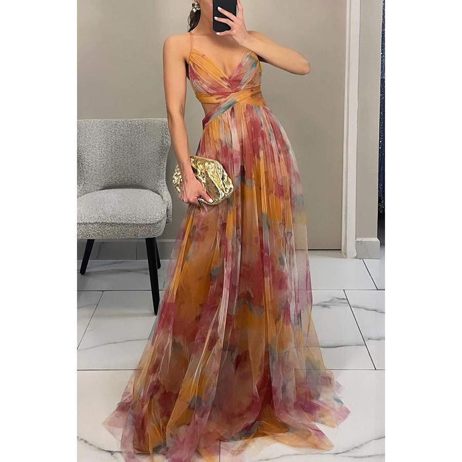 Women's Printed Mesh Cami Dress Sleeveless V-Neck Long Flowy Vacation Party Dress