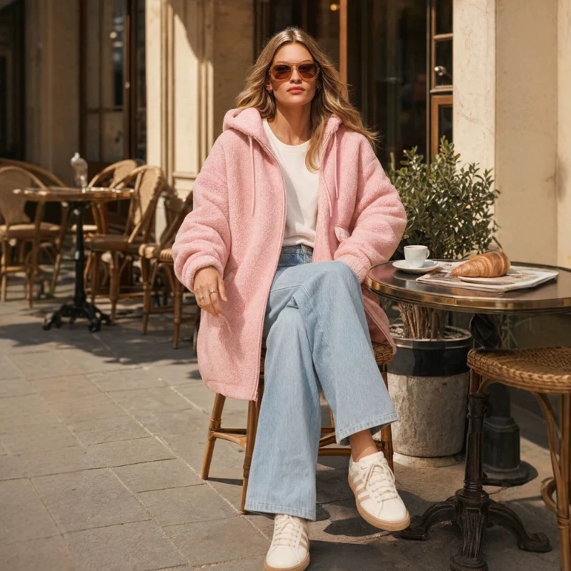 Women's Cherry Blossom Pink Hooded Fleece Mid-Length Coat