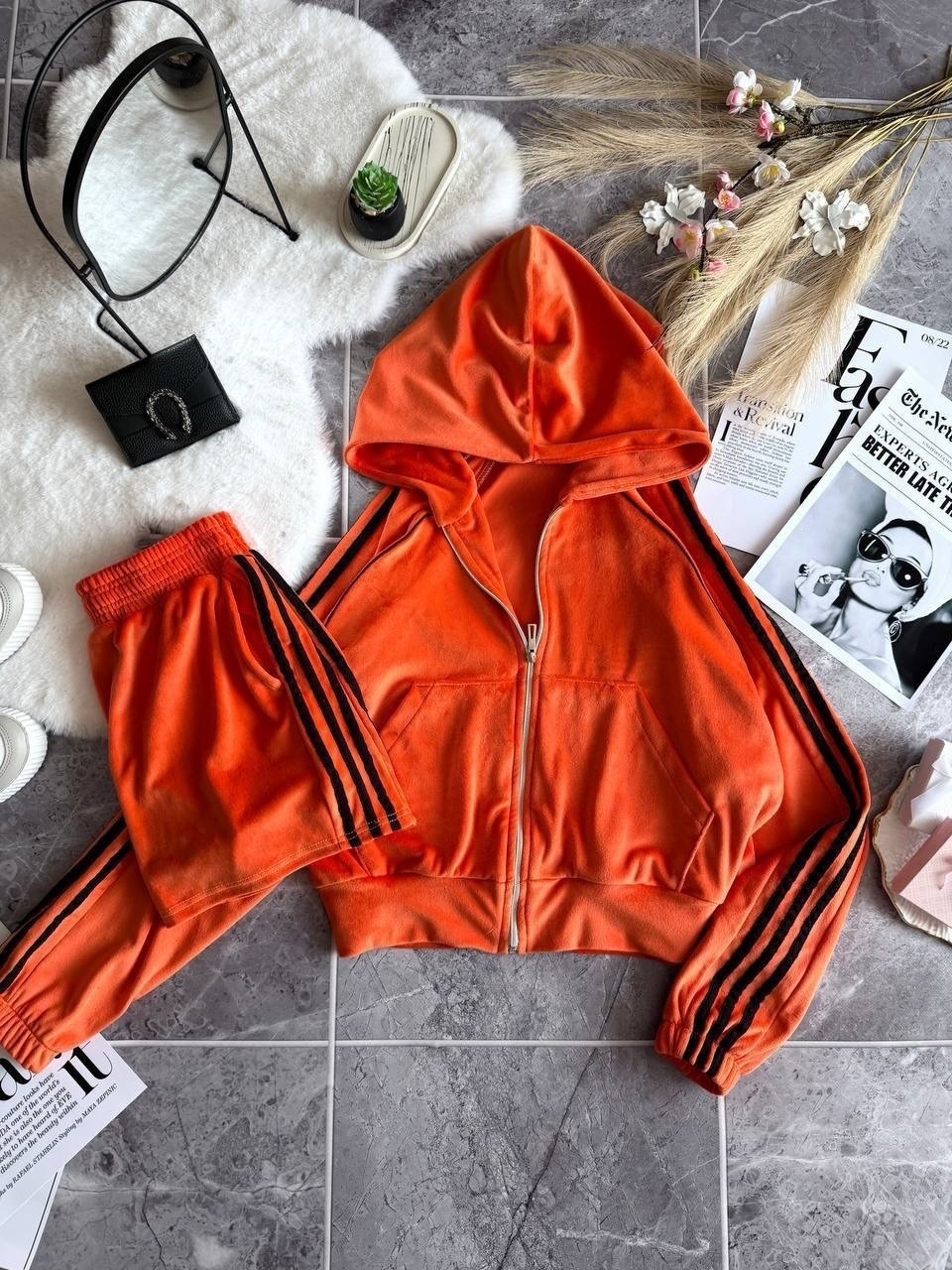 Velvet Color-Block Striped Zip Cardigan & Elastic Shorts Set