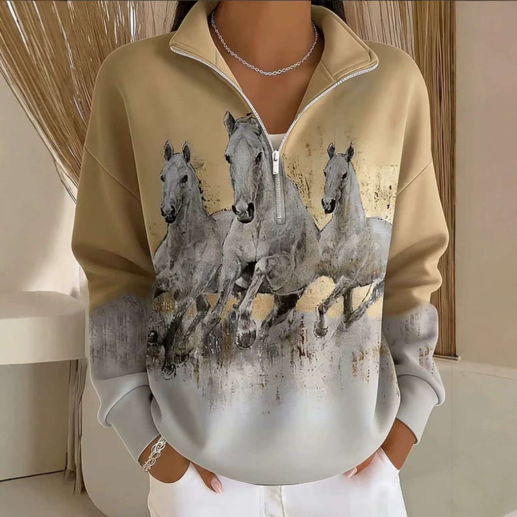 Galloping Horse Print Half-Zip Hoodie for Women