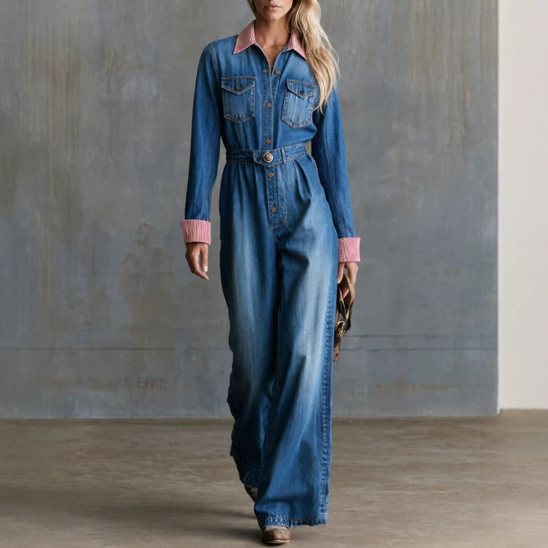 Retro Striped Collar Blue Button Denim Jumpsuit