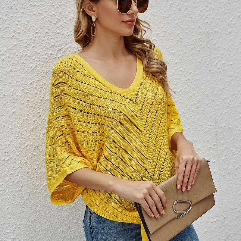 Women's V-Neck Short Sleeve Batwing Top Tie-Front Lightweight Hollow Knit