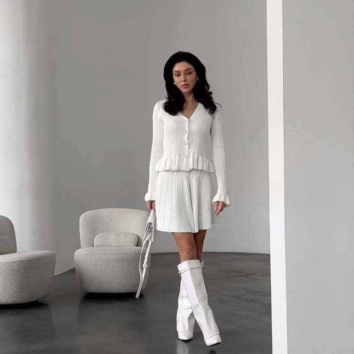 French-Style V-Neck Long-Sleeve Rhinestone-Button Ruffle Knit Two-Piece Skirt Set