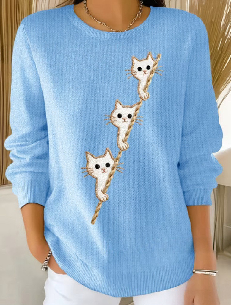 Women's Cat Ladder Print Crewneck Sweatshirt