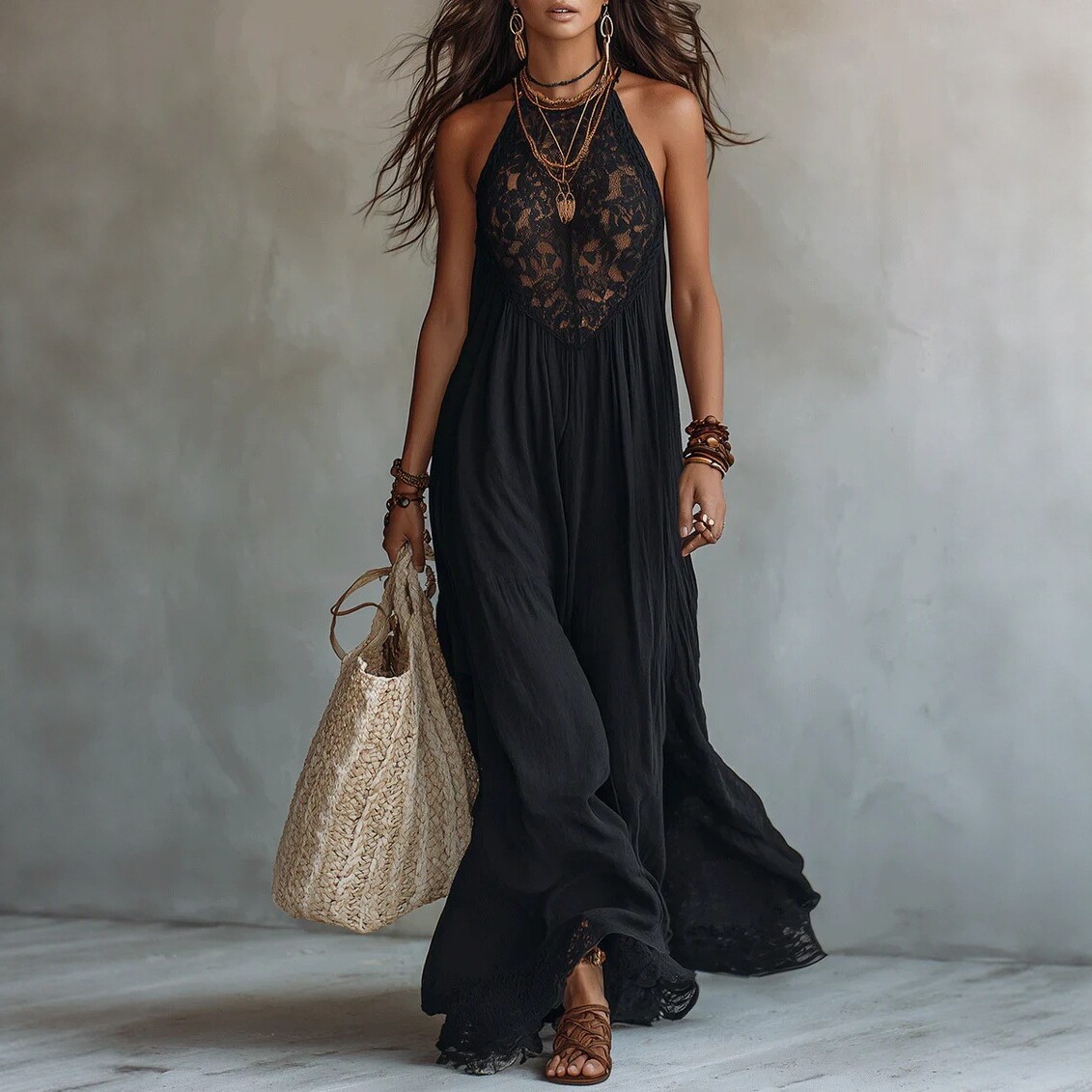 Black Lace Panel Halter Maxi Dress Loose Vacation Dress
