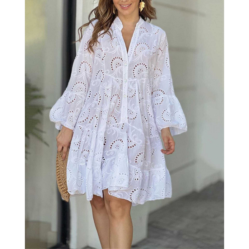 Solid V-Neck Embroidered Eyelet Lace A-Line Midi Dress
