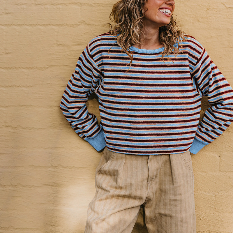 Women's Striped Crewneck Knit Sweater Colorblock Loose Fit
