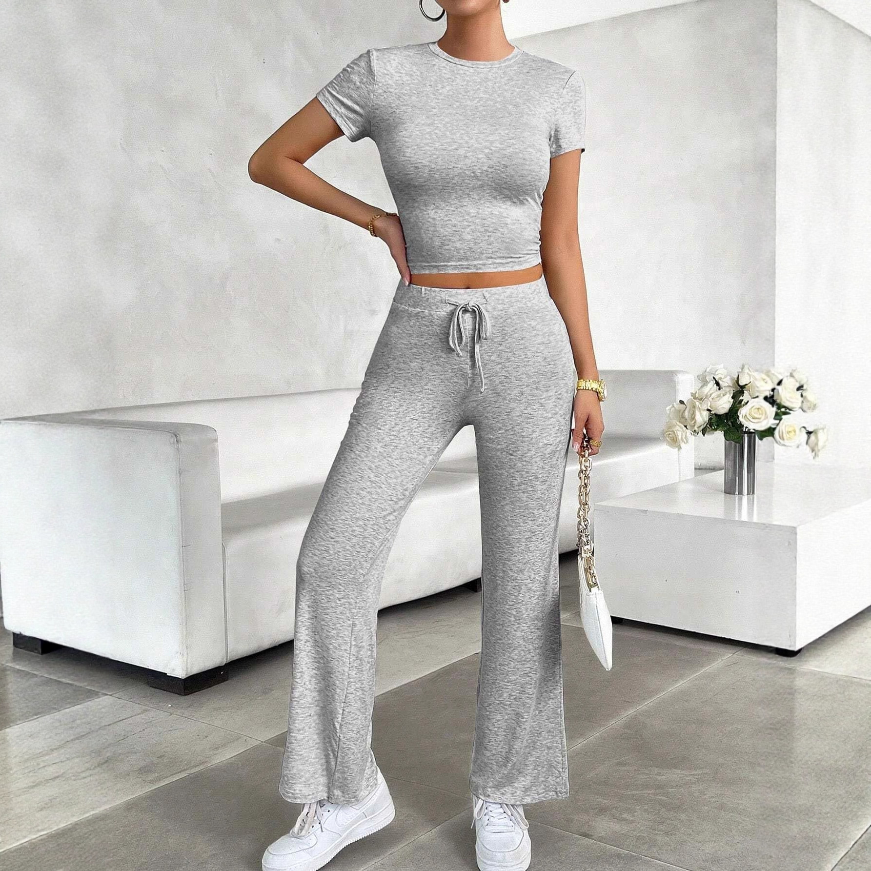 Women's Solid Color Short Sleeve Top & Long Pants Two-Piece Set