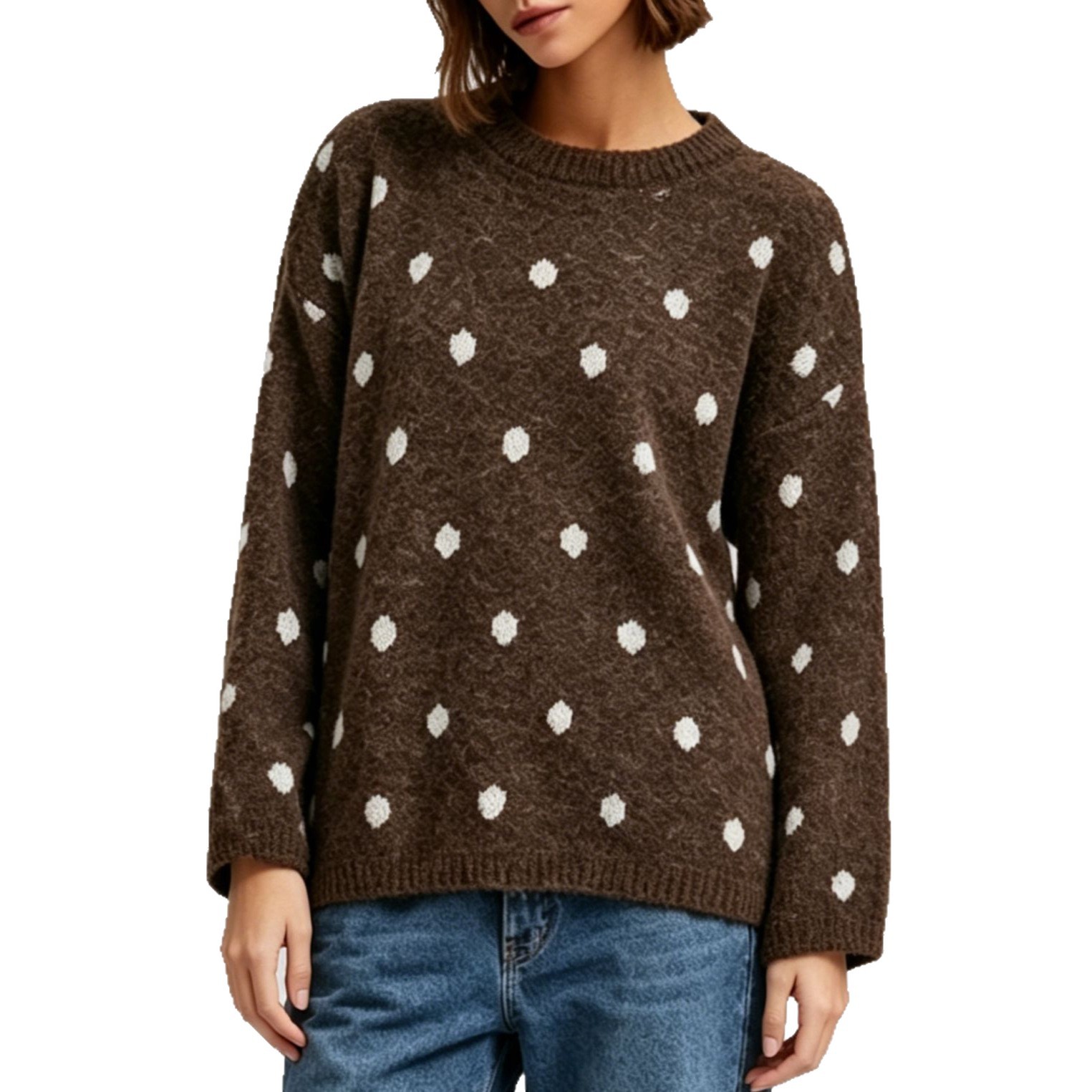 Polka Dot Crewneck Pullover Sweater for Women Soft Knit Top