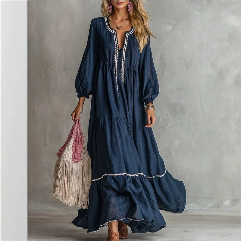Retro Solid Color Long Dress Casual Loose Round Neck Nine-Tenth Sleeve Dark Blue