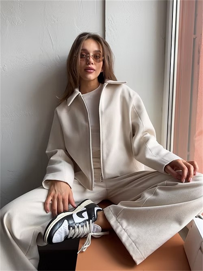 Women's Wool-Blend Zip Jacket with Lapel Collar Long Sleeve Loose Casual