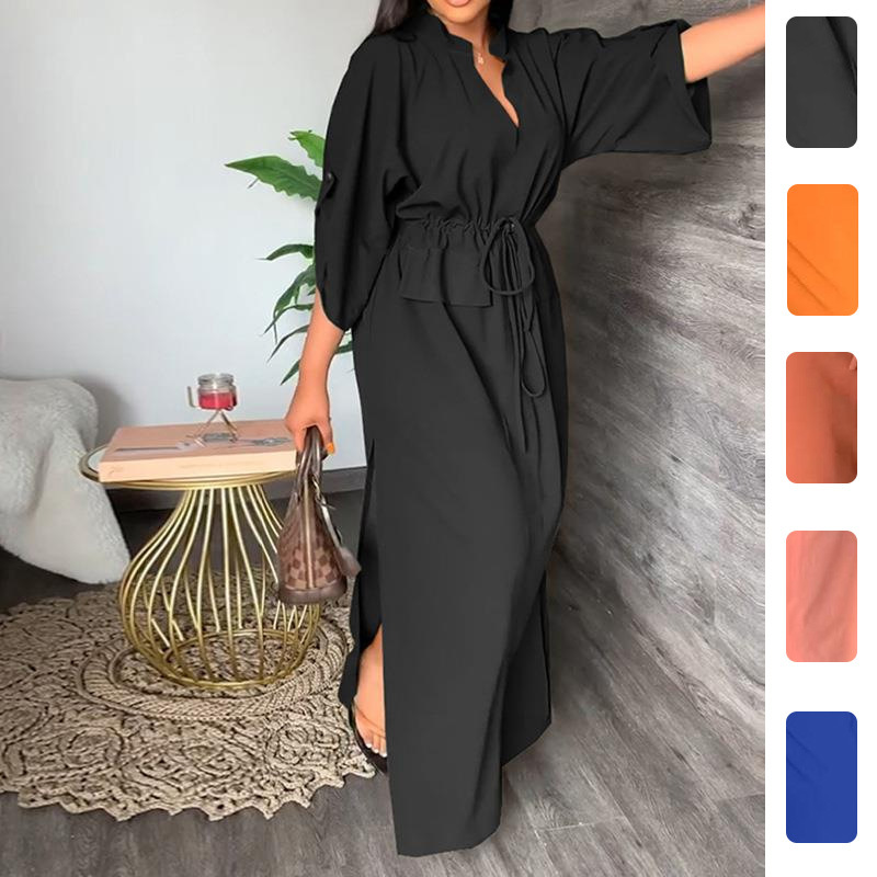 Women's Stand Collar Slit Solid Color Long Dress