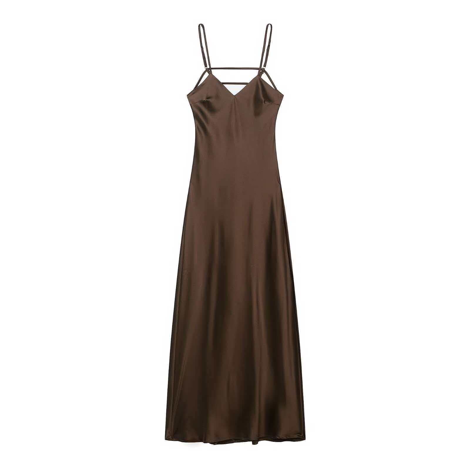 Satin-Feel Midi Cami Dress with V-Neck and Trim