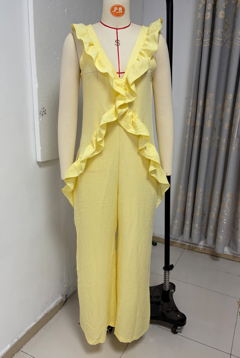 Ruffled Sleeveless V-Neck Solid Cotton-Linen Jumpsuit
