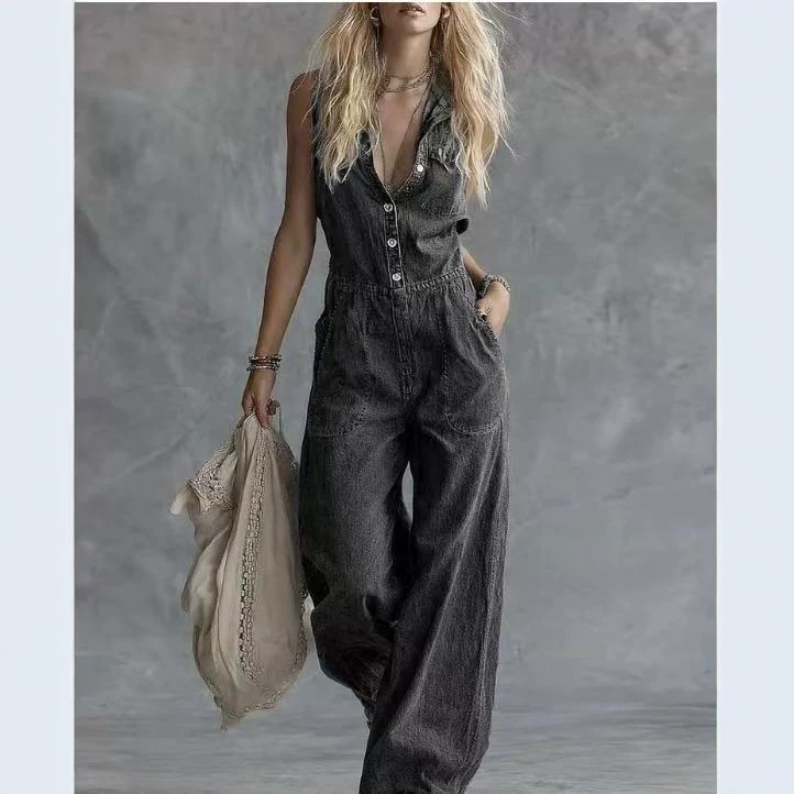 Washed Denim Sleeveless Straight-Leg Jumpsuit with Pockets