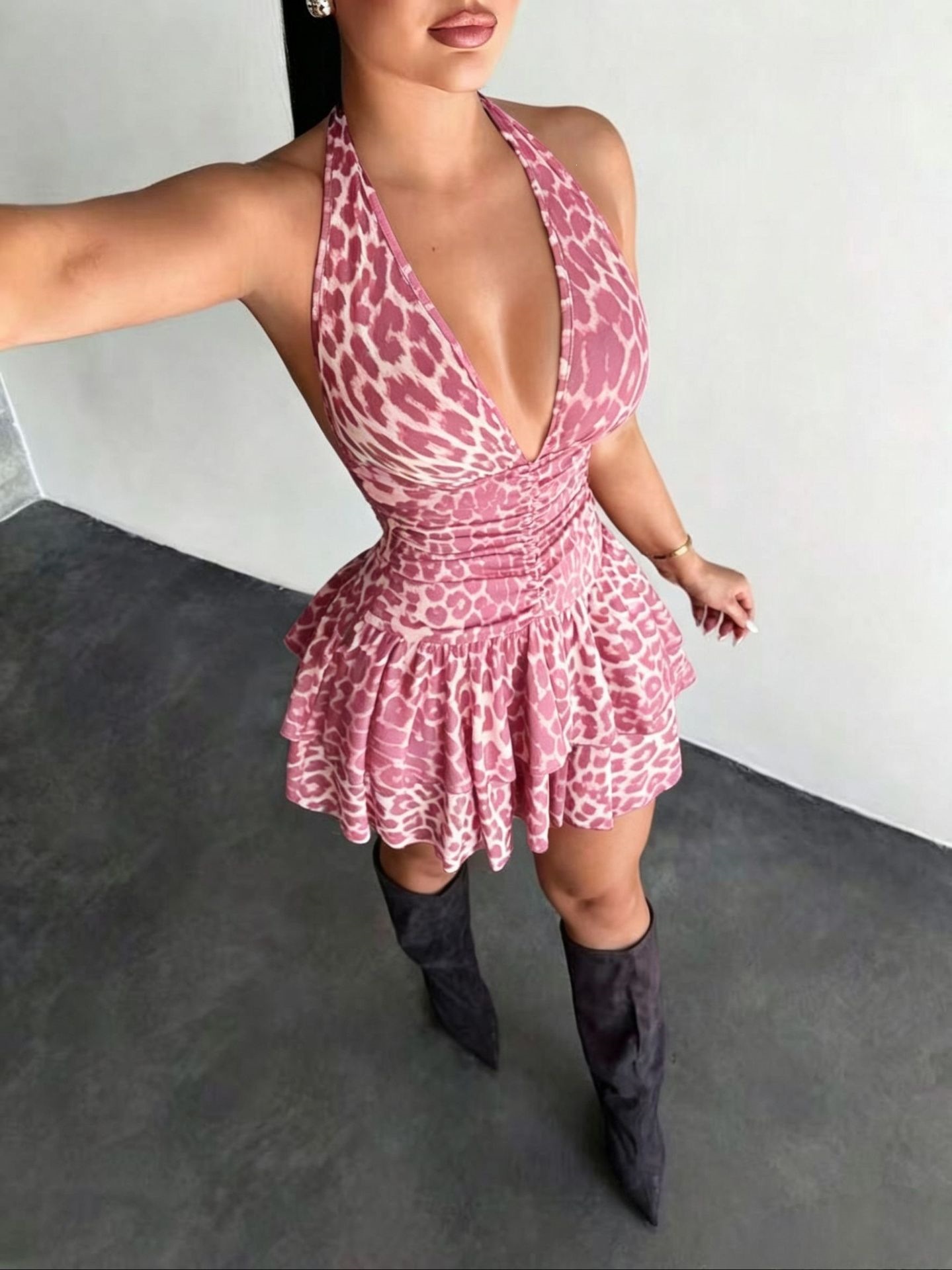 American Retro Leopard Print Backless Lace-Up Bodycon Mini Dress