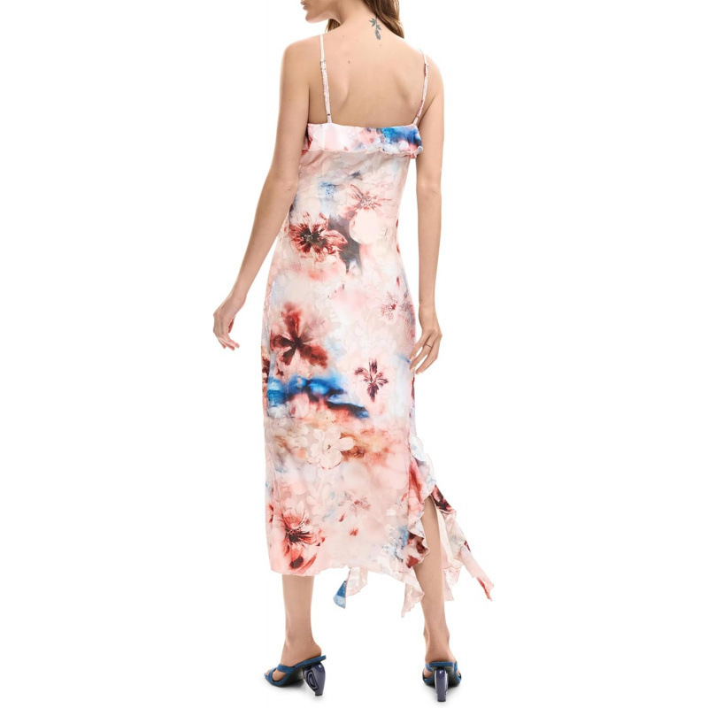Pink Sleeveless Midi Dress with One-Shoulder Neckline and Asymmetrical Hem