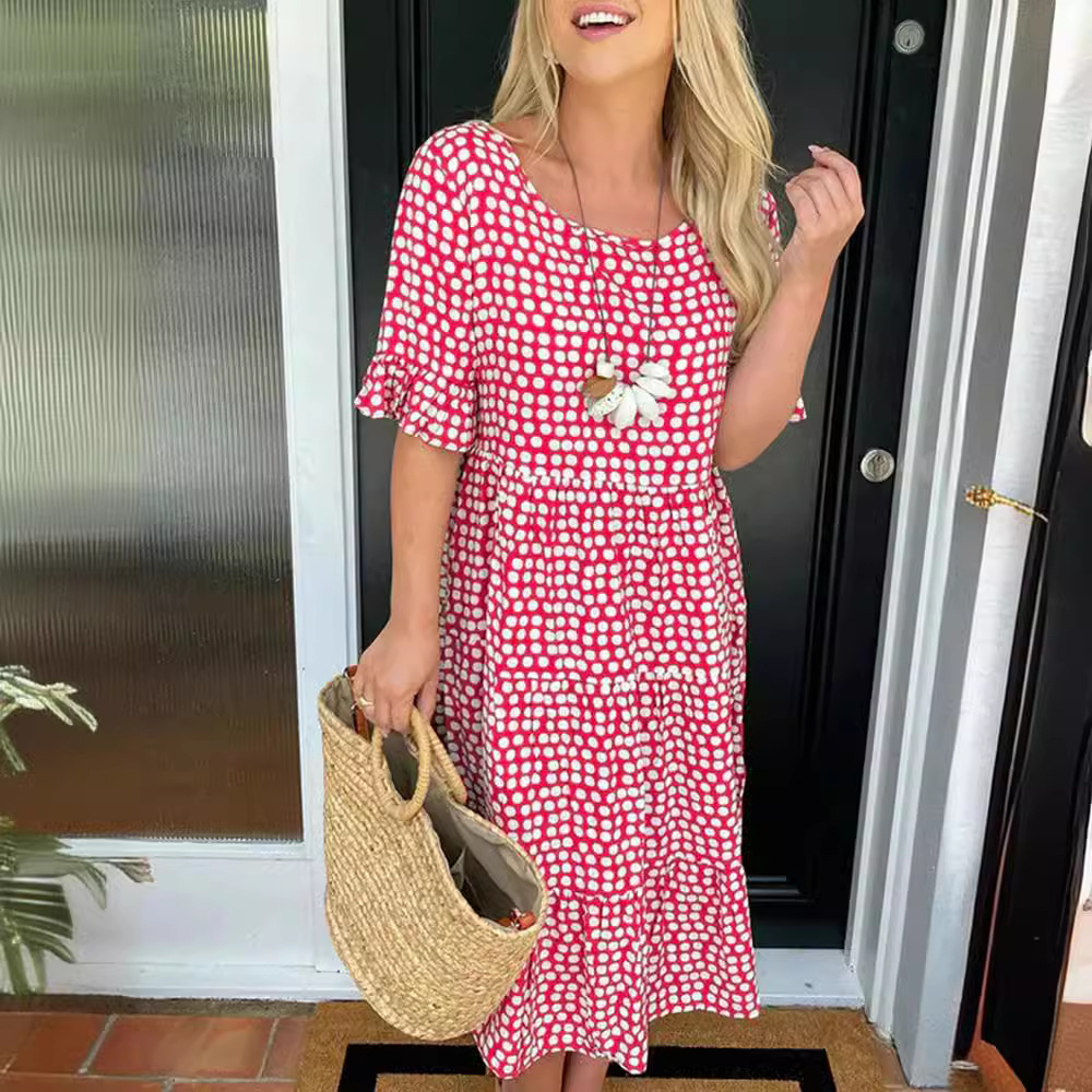 Women's Summer Round Neck Printed Short Sleeve A-Line Dress