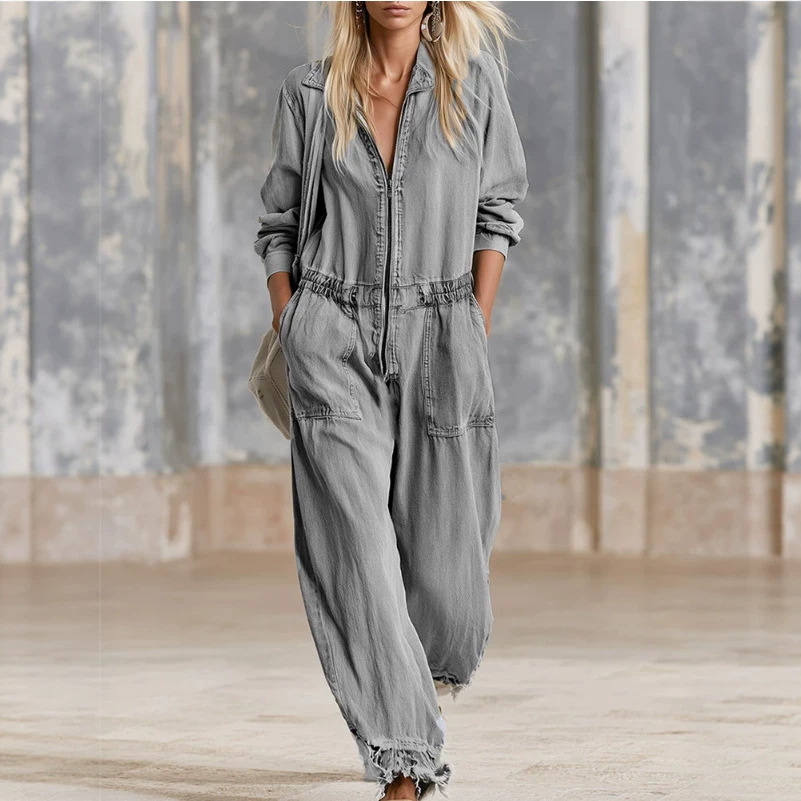 Gray Denim Long Sleeve Jumpsuit Casual