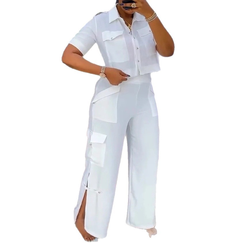 Women's High Neck Top and Multi-Pocket Patchwork Pants Casual Set