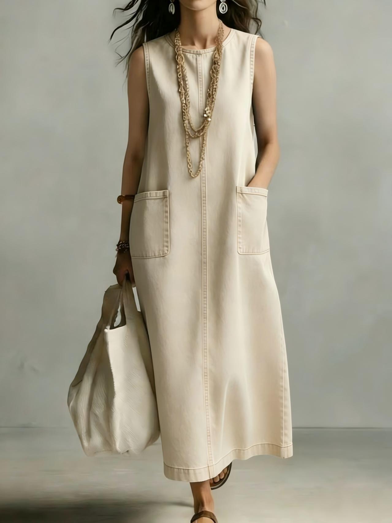 Solid Crewneck Sleeveless Pocket A-Line Midi Dress