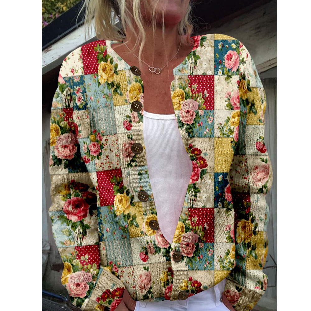 Women's Plaid Floral Print Button-Down Cardigan Sweater