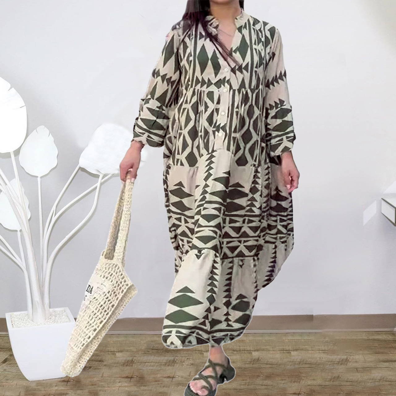 Plus Size Boho Geometric Print V-Neck A-Line Long Dress