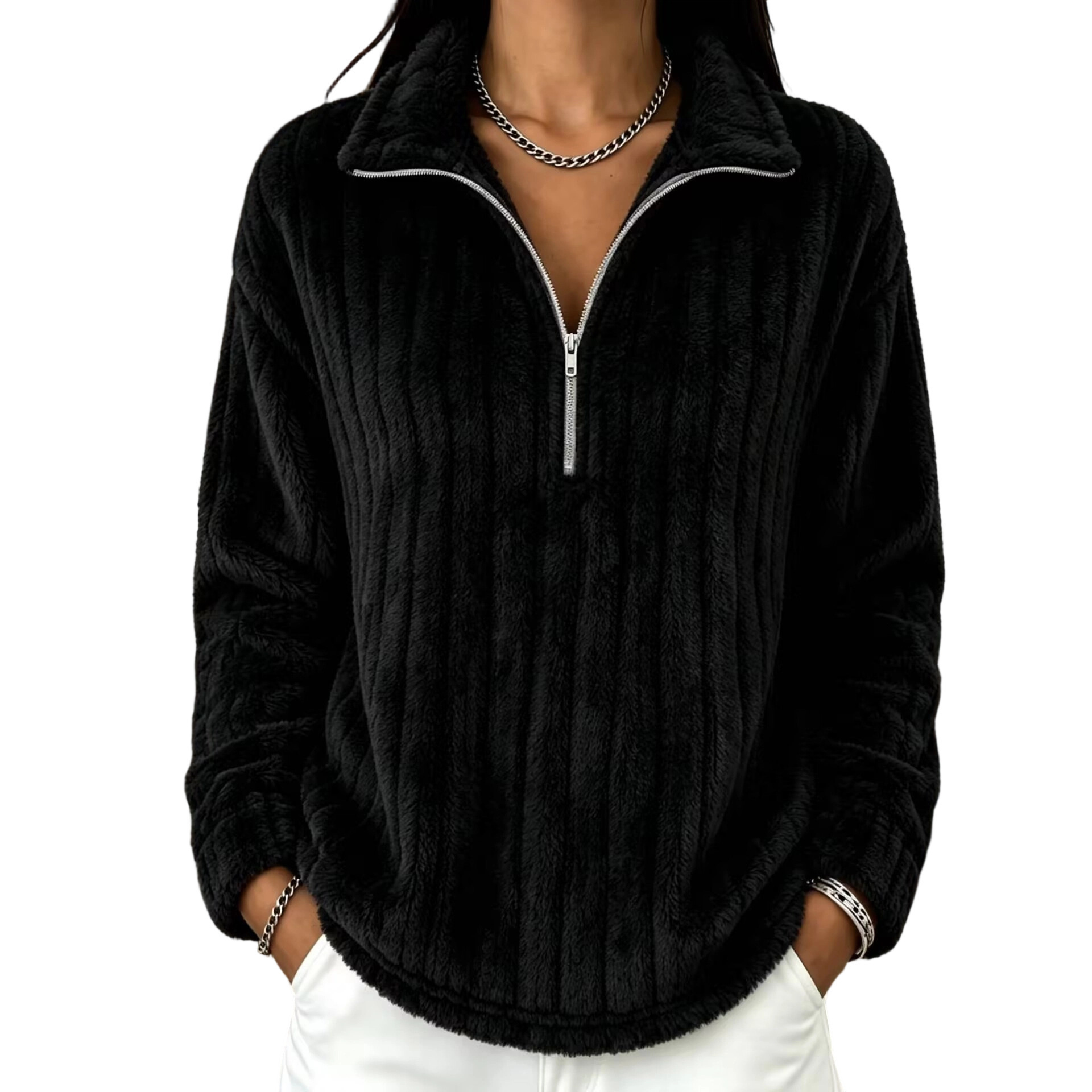 Ribbed Fleece Zip-Up Collared Long-Sleeve Sweatshirt