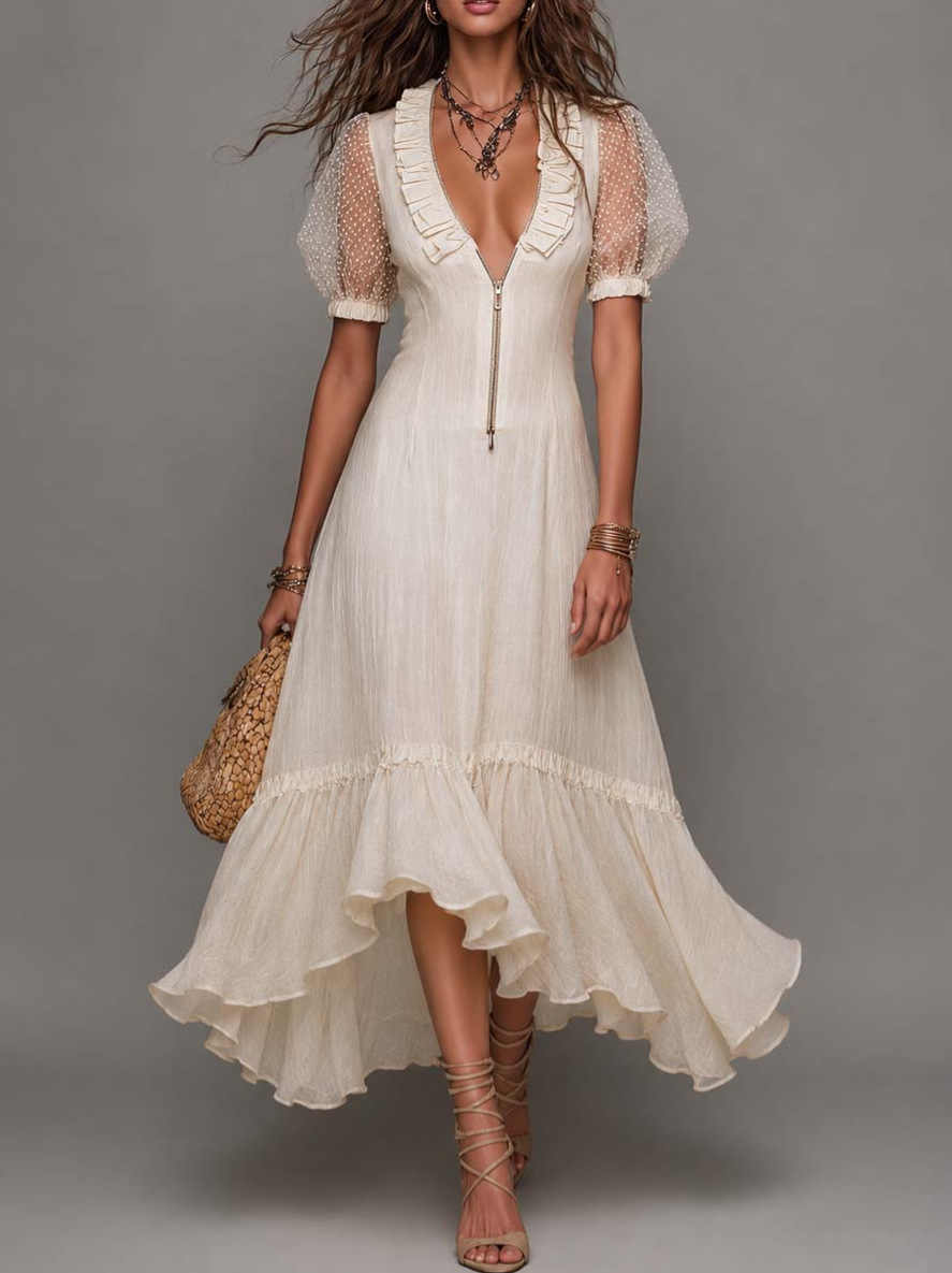 Women's Short Sleeve V-Neck Cinched Waist Zip Ruffle Midi Dress