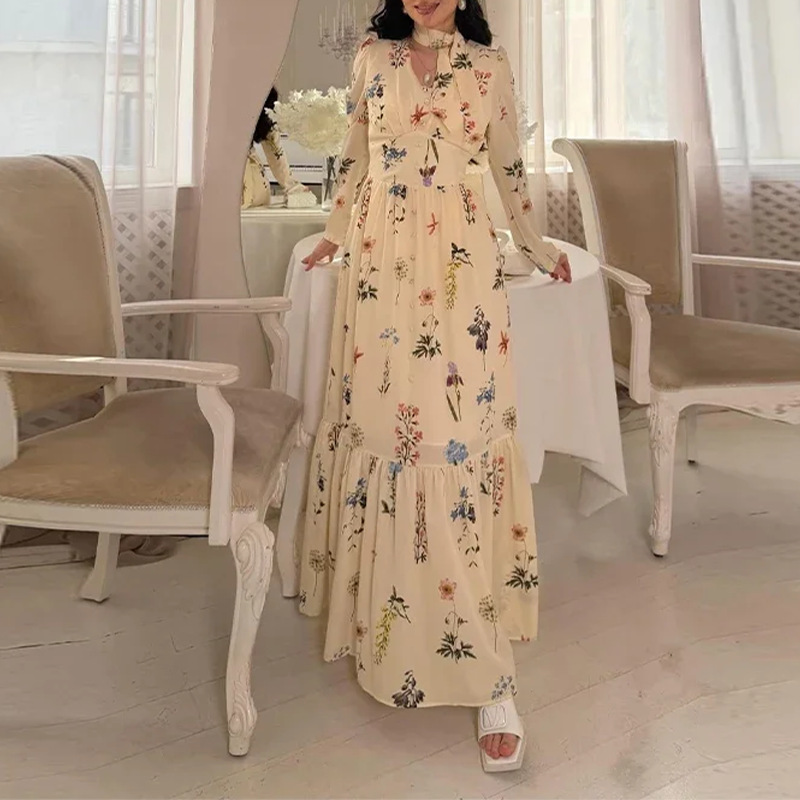 French Floral Spliced V-Neck Tie Midi Dress