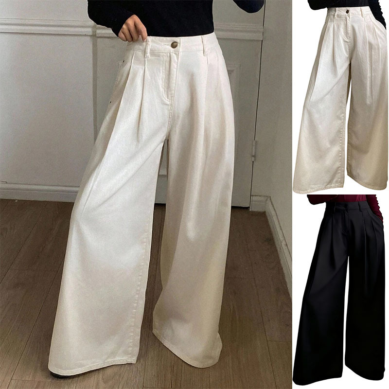 Women's White Wide-Leg High-Waist Jeans Loose Straight-Leg
