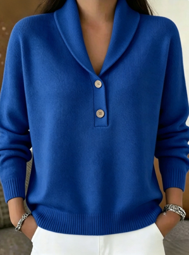 Soft Skin-Friendly Shawl Collar Knit Sweater Women's Two-Button Half-Open Neck Loose Solid Pullover