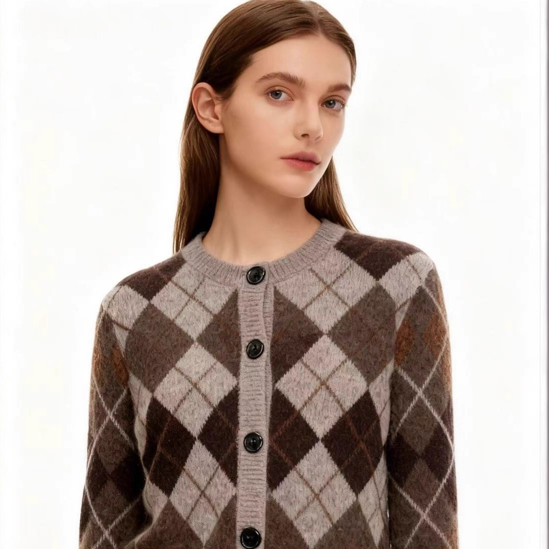 Women's Argyle Knit Cardigan Sweater Long Sleeve Crew Neck