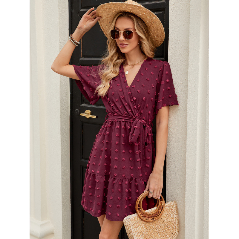 Pom-Pom Lotus Sleeve V-Neck Tie-Waist Dress